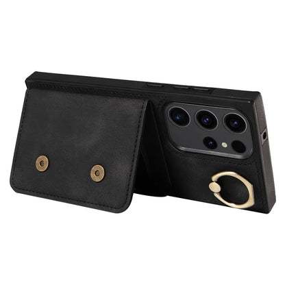 001 For Samsung Galaxy S23 Ultra Case Card Slots PU Leather Back Cover Finger Ring Holder