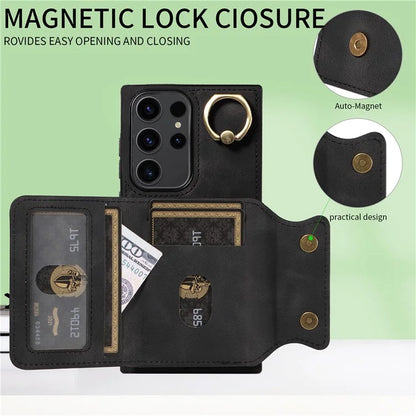 001 For Samsung Galaxy S23 Ultra Case Card Slots PU Leather Back Cover Finger Ring Holder