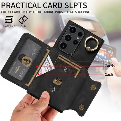001 For Samsung Galaxy S23 Ultra Case Card Slots PU Leather Back Cover Finger Ring Holder