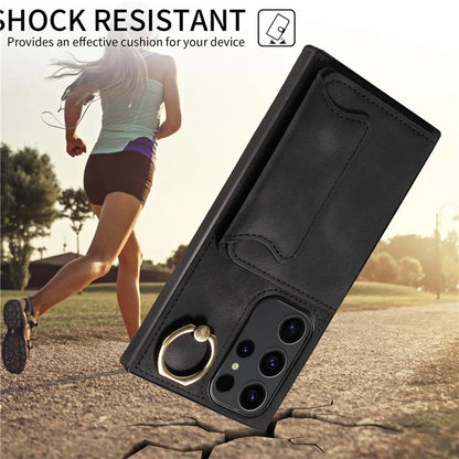 001 For Samsung Galaxy S23 Ultra Case Card Slots PU Leather Back Cover Finger Ring Holder