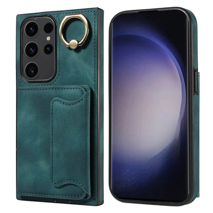 001 For Samsung Galaxy S23 Ultra Case Card Slots PU Leather Back Cover Finger Ring Holder