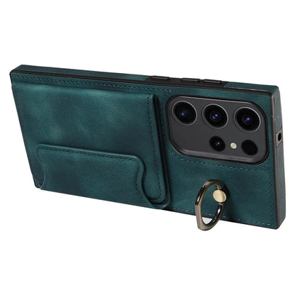 001 For Samsung Galaxy S23 Ultra Case Card Slots PU Leather Back Cover Finger Ring Holder