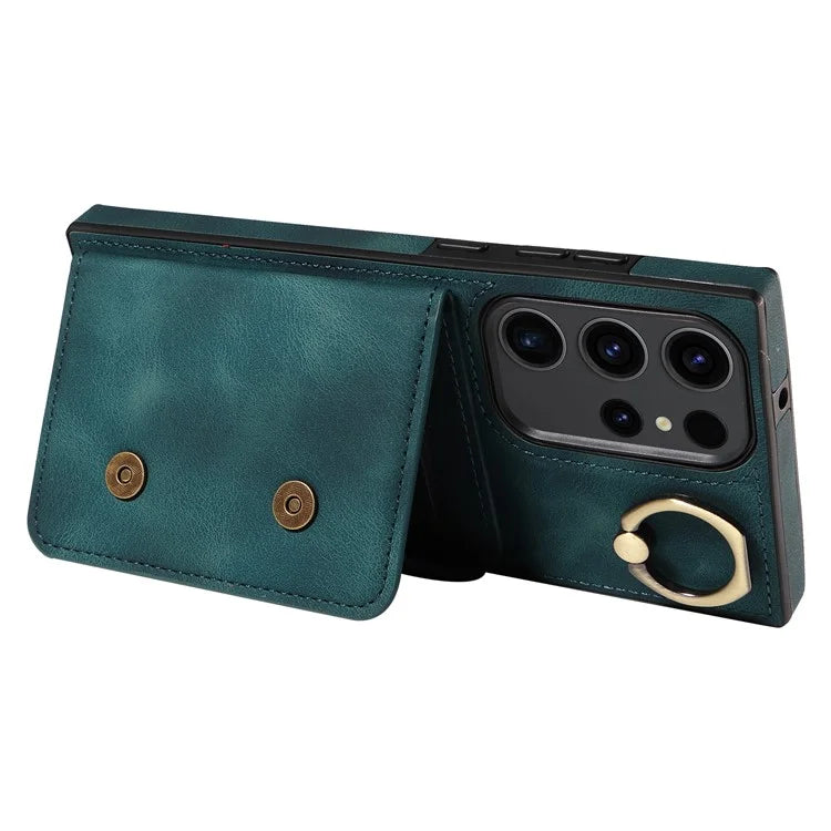 001 For Samsung Galaxy S23 Ultra Case Card Slots PU Leather Back Cover Finger Ring Holder