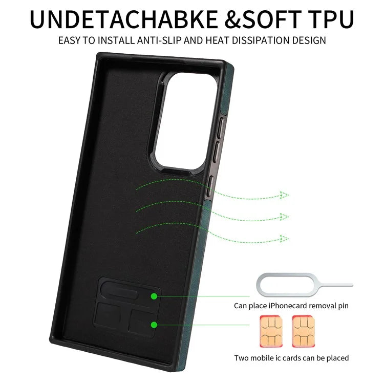 001 For Samsung Galaxy S23 Ultra Case Card Slots PU Leather Back Cover Finger Ring Holder