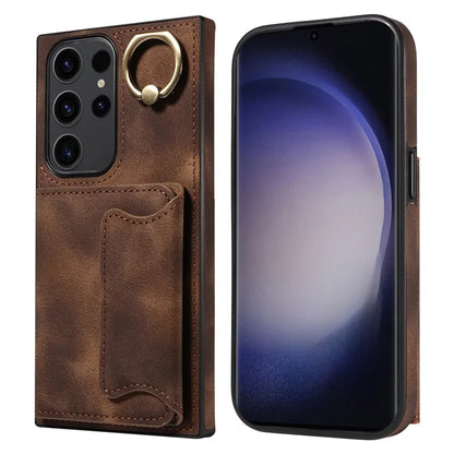 001 For Samsung Galaxy S23 Ultra Case Card Slots PU Leather Back Cover Finger Ring Holder