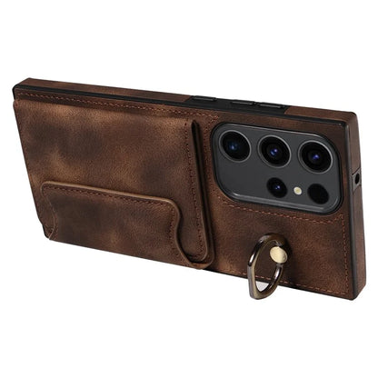 001 For Samsung Galaxy S23 Ultra Case Card Slots PU Leather Back Cover Finger Ring Holder