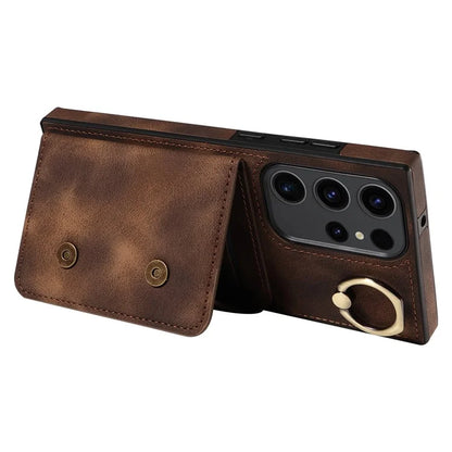 001 For Samsung Galaxy S23 Ultra Case Card Slots PU Leather Back Cover Finger Ring Holder