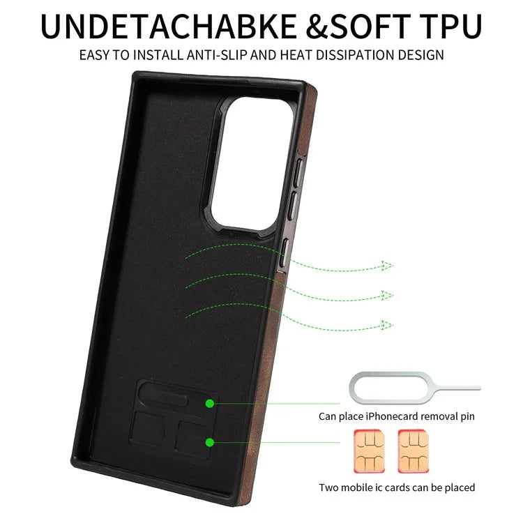 001 For Samsung Galaxy S23 Ultra Case Card Slots PU Leather Back Cover Finger Ring Holder