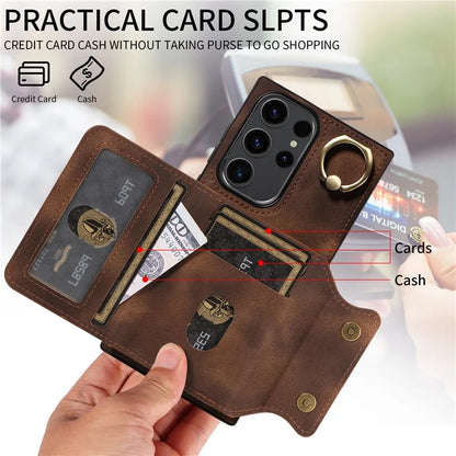 001 For Samsung Galaxy S23 Ultra Case Card Slots PU Leather Back Cover Finger Ring Holder