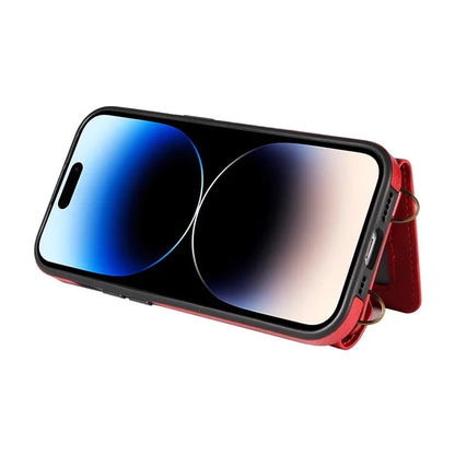 002 For iPhone 15 Pro Max Case PU Leather Card Holder Crossbody Strap Phone Cover