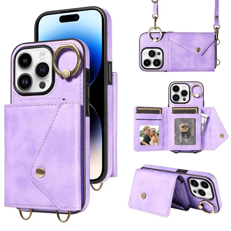 002 For iPhone 15 Pro Max Case PU Leather Card Holder Crossbody Strap Phone Cover