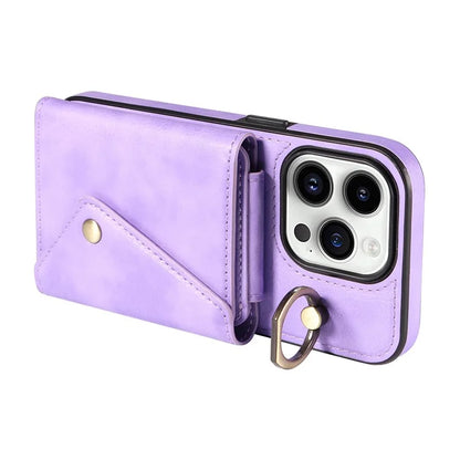 002 For iPhone 15 Pro Max Case PU Leather Card Holder Crossbody Strap Phone Cover