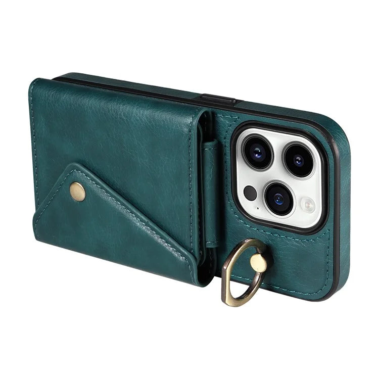 002 For iPhone 15 Pro Max Case PU Leather Card Holder Crossbody Strap Phone Cover