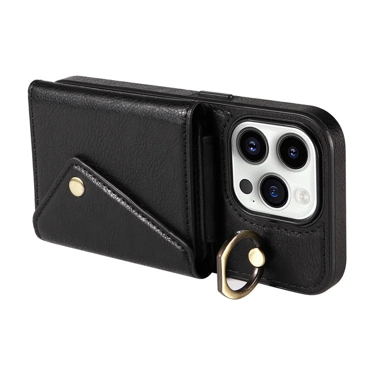 002 For iPhone 15 Pro Max Case PU Leather Card Holder Crossbody Strap Phone Cover