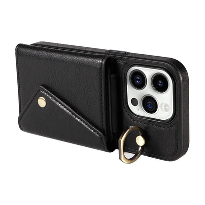 002 For iPhone 15 Pro Max Case PU Leather Card Holder Crossbody Strap Phone Cover