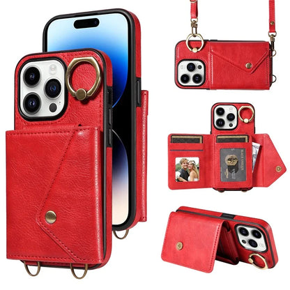002 For iPhone 15 Pro Case PU Leather Crossbody Phone Cover Card Holder Ring Kickstand