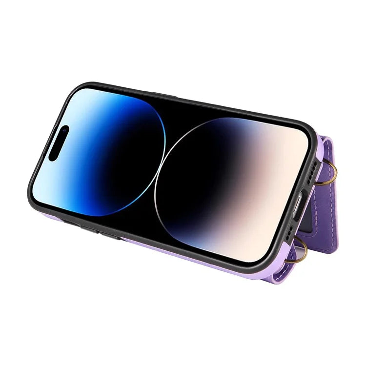 002 For iPhone 15 Pro Case PU Leather Crossbody Phone Cover Card Holder Ring Kickstand