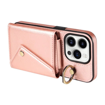 002 For iPhone 15 Pro Case PU Leather Crossbody Phone Cover Card Holder Ring Kickstand