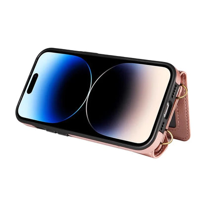 002 For iPhone 15 Pro Case PU Leather Crossbody Phone Cover Card Holder Ring Kickstand