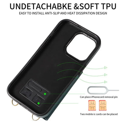 002 For iPhone 15 Pro Case PU Leather Crossbody Phone Cover Card Holder Ring Kickstand