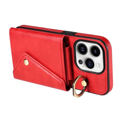 002 For iPhone 14 Pro Case Ring Holder Kickstand PU Leather Back Cover Litchi Texture Long Strap