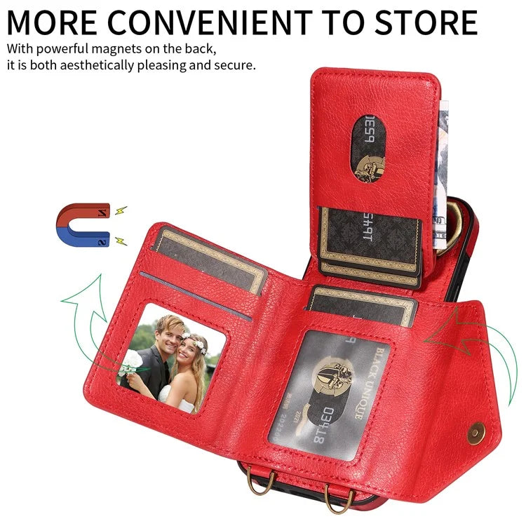 002 For iPhone 14 Pro Case Ring Holder Kickstand PU Leather Back Cover Litchi Texture Long Strap