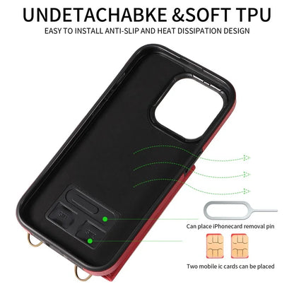 002 For iPhone 14 Pro Case Ring Holder Kickstand PU Leather Back Cover Litchi Texture Long Strap