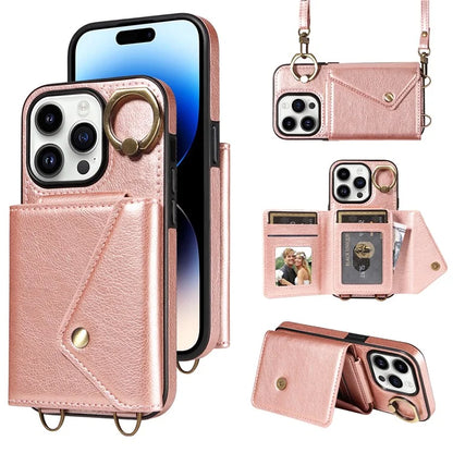 002 For iPhone 14 Pro Case Ring Holder Kickstand PU Leather Back Cover Litchi Texture Long Strap