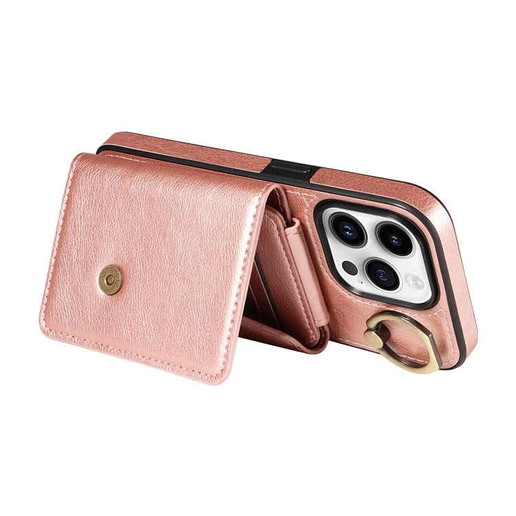 002 For iPhone 14 Pro Case Ring Holder Kickstand PU Leather Back Cover Litchi Texture Long Strap