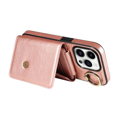 002 For iPhone 14 Pro Case Ring Holder Kickstand PU Leather Back Cover Litchi Texture Long Strap