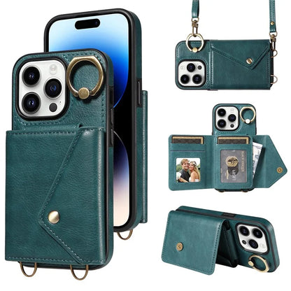 002 For iPhone 14 Pro Case Ring Holder Kickstand PU Leather Back Cover Litchi Texture Long Strap