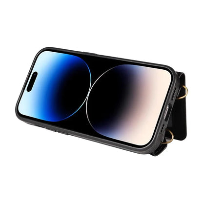 002 For iPhone 14 Pro Case Ring Holder Kickstand PU Leather Back Cover Litchi Texture Long Strap