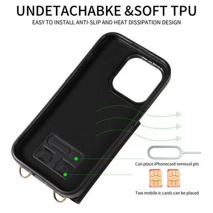 002 For iPhone 14 Pro Case Ring Holder Kickstand PU Leather Back Cover Litchi Texture Long Strap