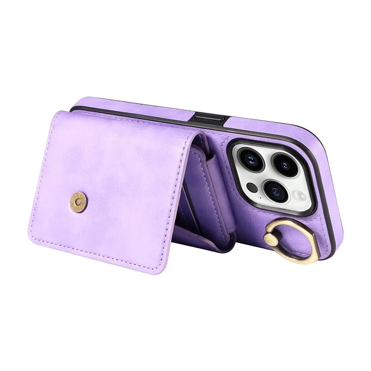 002 For iPhone 14 Pro Max Case Leather Kickstand Card Slots Phone Cover Shoulder Strap