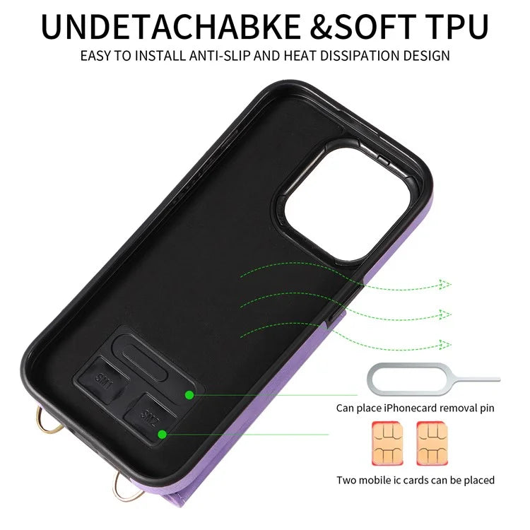 002 For iPhone 14 Pro Max Case Leather Kickstand Card Slots Phone Cover Shoulder Strap