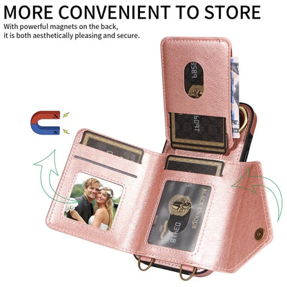 002 For iPhone 14 Pro Max Case Leather Kickstand Card Slots Phone Cover Shoulder Strap