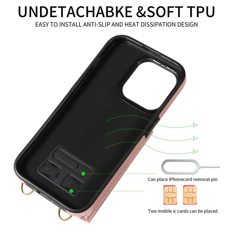 002 For iPhone 14 Pro Max Case Leather Kickstand Card Slots Phone Cover Shoulder Strap