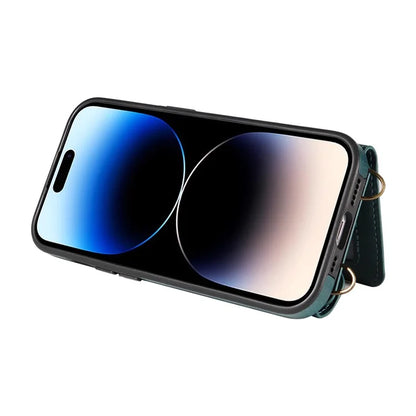 002 For iPhone 14 Pro Max Case Leather Kickstand Card Slots Phone Cover Shoulder Strap