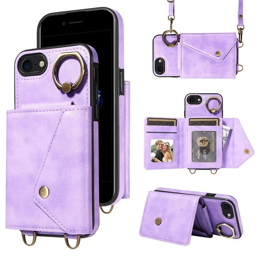 002 For iPhone SE (2022) / SE (2020) / iPhone 8 / 7 / 6s / 6 Case Leather TPU Crossbody Phone Cover Card Holder