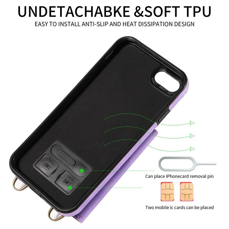 002 For iPhone SE (2022) / SE (2020) / iPhone 8 / 7 / 6s / 6 Case Leather TPU Crossbody Phone Cover Card Holder