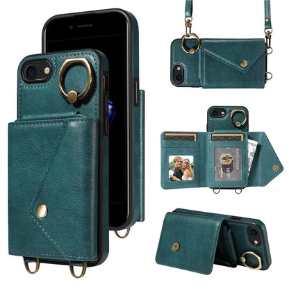 002 For iPhone SE (2022) / SE (2020) / iPhone 8 / 7 / 6s / 6 Case Leather TPU Crossbody Phone Cover Card Holder