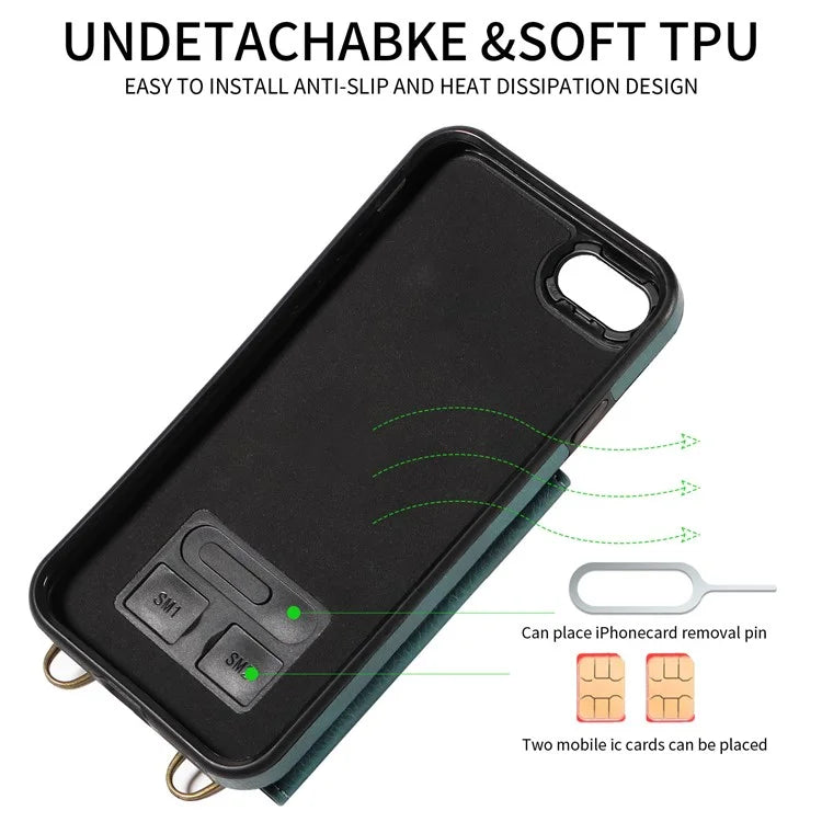 002 For iPhone SE (2022) / SE (2020) / iPhone 8 / 7 / 6s / 6 Case Leather TPU Crossbody Phone Cover Card Holder
