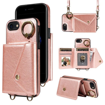 002 For iPhone SE (2022) / SE (2020) / iPhone 8 / 7 / 6s / 6 Case Leather TPU Crossbody Phone Cover Card Holder