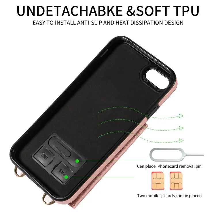 002 For iPhone SE (2022) / SE (2020) / iPhone 8 / 7 / 6s / 6 Case Leather TPU Crossbody Phone Cover Card Holder