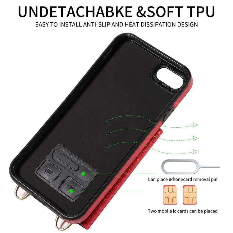 002 For iPhone SE (2022) / SE (2020) / iPhone 8 / 7 / 6s / 6 Case Leather TPU Crossbody Phone Cover Card Holder