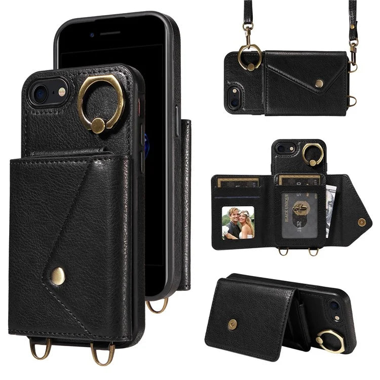 002 For iPhone SE (2022) / SE (2020) / iPhone 8 / 7 / 6s / 6 Case Leather TPU Crossbody Phone Cover Card Holder