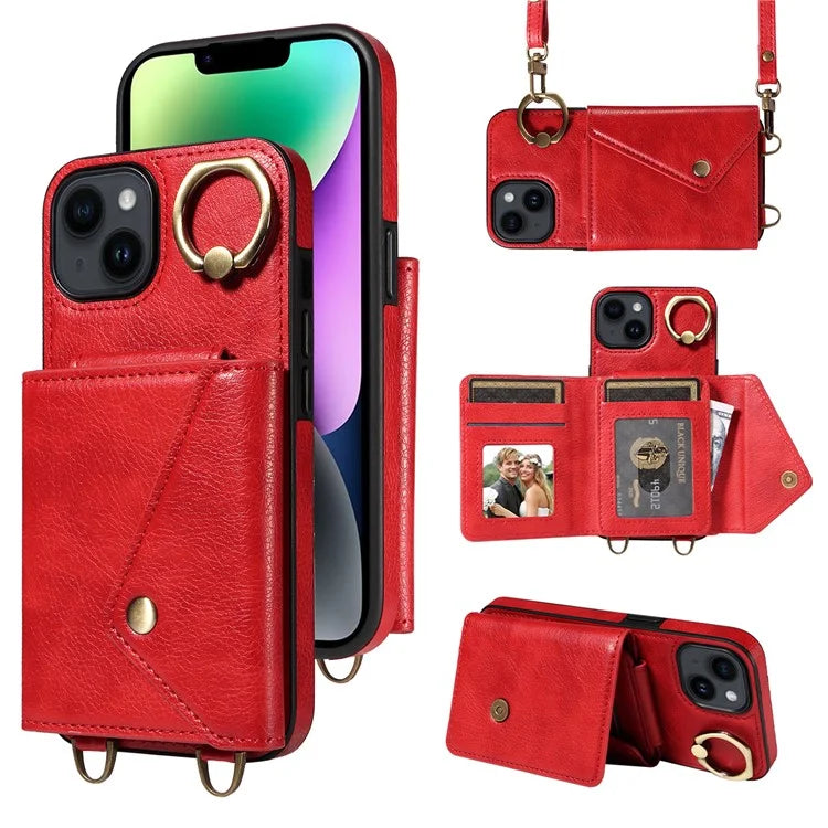 002 For iPhone 14 Case with Crossbody Shoulder Strap Leather Card Holder Back Phone Cover
