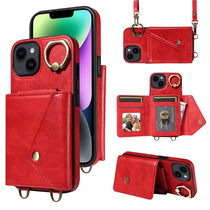 002 For iPhone 14 Case with Crossbody Shoulder Strap Leather Card Holder Back Phone Cover