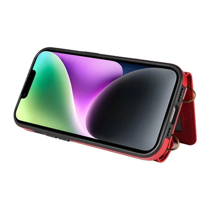 002 For iPhone 14 Case with Crossbody Shoulder Strap Leather Card Holder Back Phone Cover