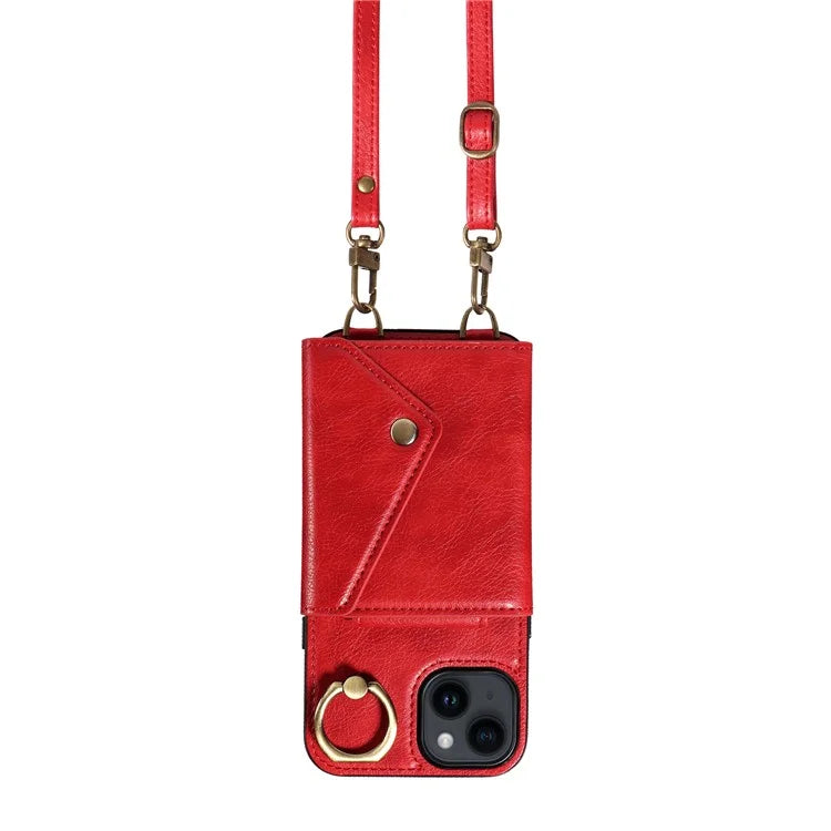 002 For iPhone 14 Case with Crossbody Shoulder Strap Leather Card Holder Back Phone Cover